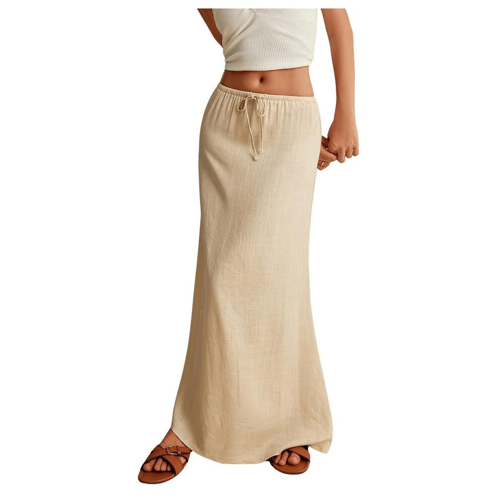 5840 Summer Maxi Skirt Drawstring Low Waist A Line Casual Skirts Plain